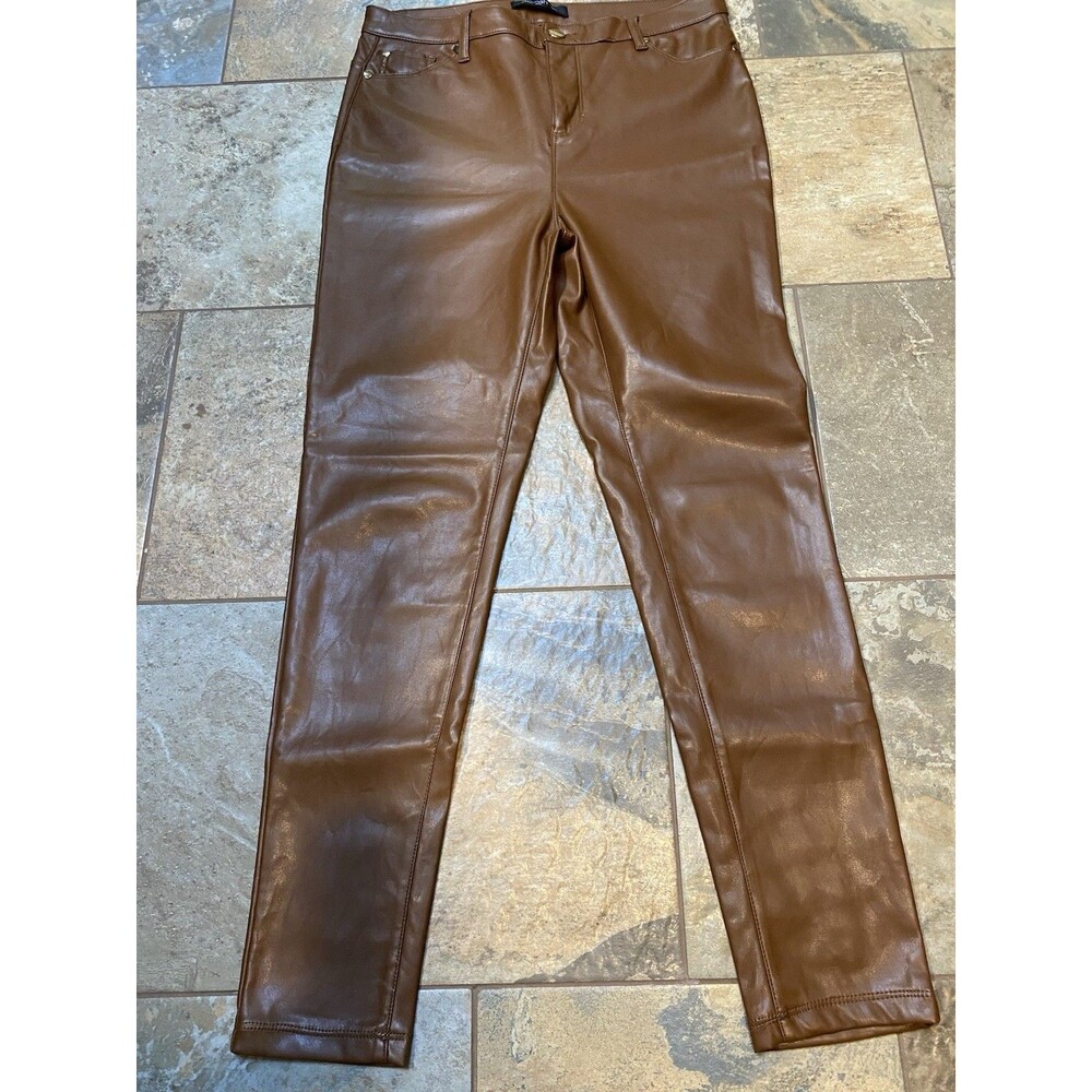 Stoosh Women’s Brown Faux Leather Skinny Pants Size L Slim Fit Mid Rise Pockets